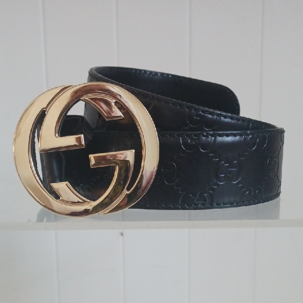 Gucci Black Guccissima Leather Embossed Belt with Gold GG Buckle
